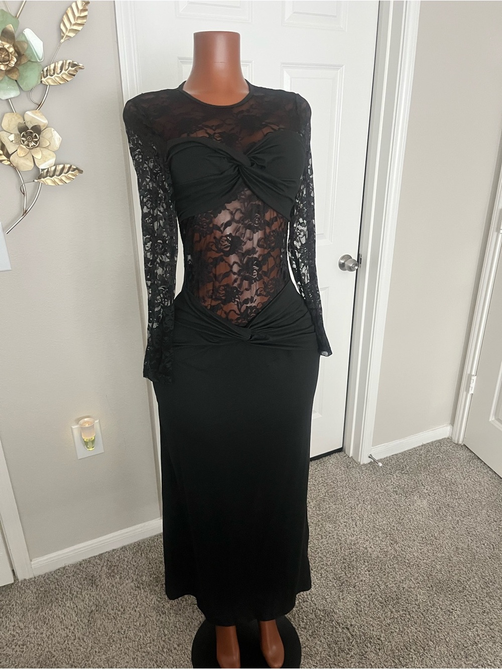 Black Lace Insert Long Sleeve Maxi Dress